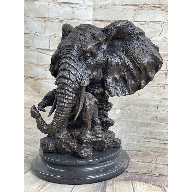 Original Striking Mive Imitative Elephant Head Bust With Baby Bronze Sculpture Statue