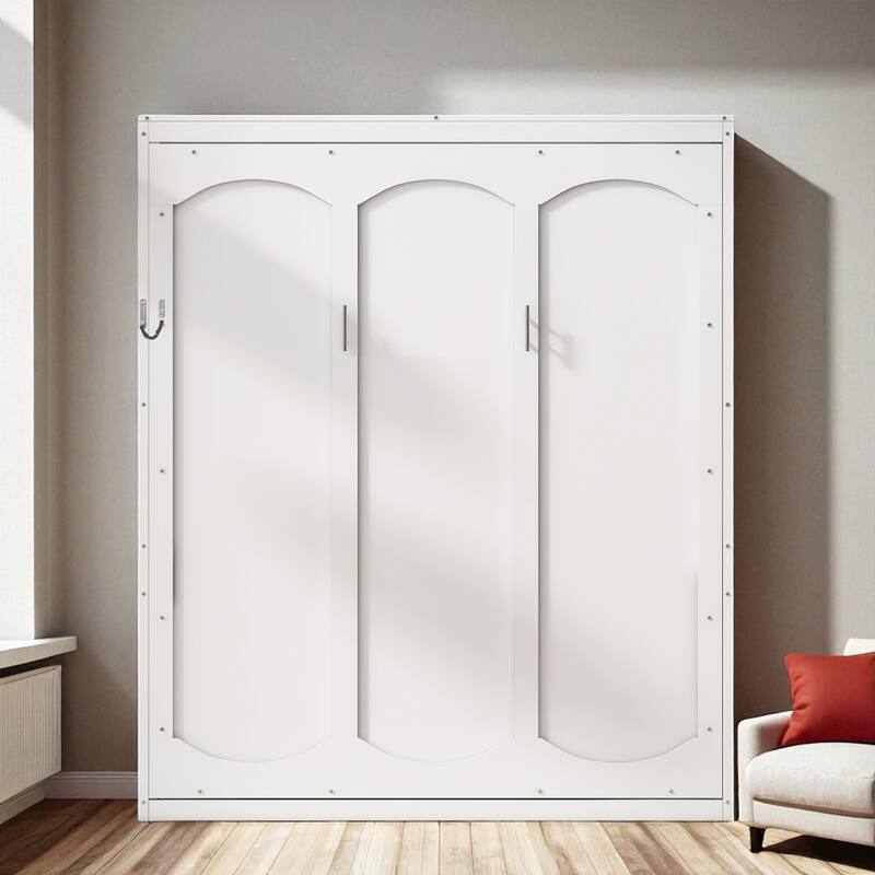Queen Murphy Wall Bed with Shelves, White, Dual-Piston, Space-Saving Cabinet, 600 lb Capacity, 8-12 in Mattress - White - Queen