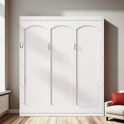 Queen Murphy Wall Bed with Shelves, White, Dual-Piston, Space-Saving Cabinet, 600 lb Capacity, 8-12 in Mattress