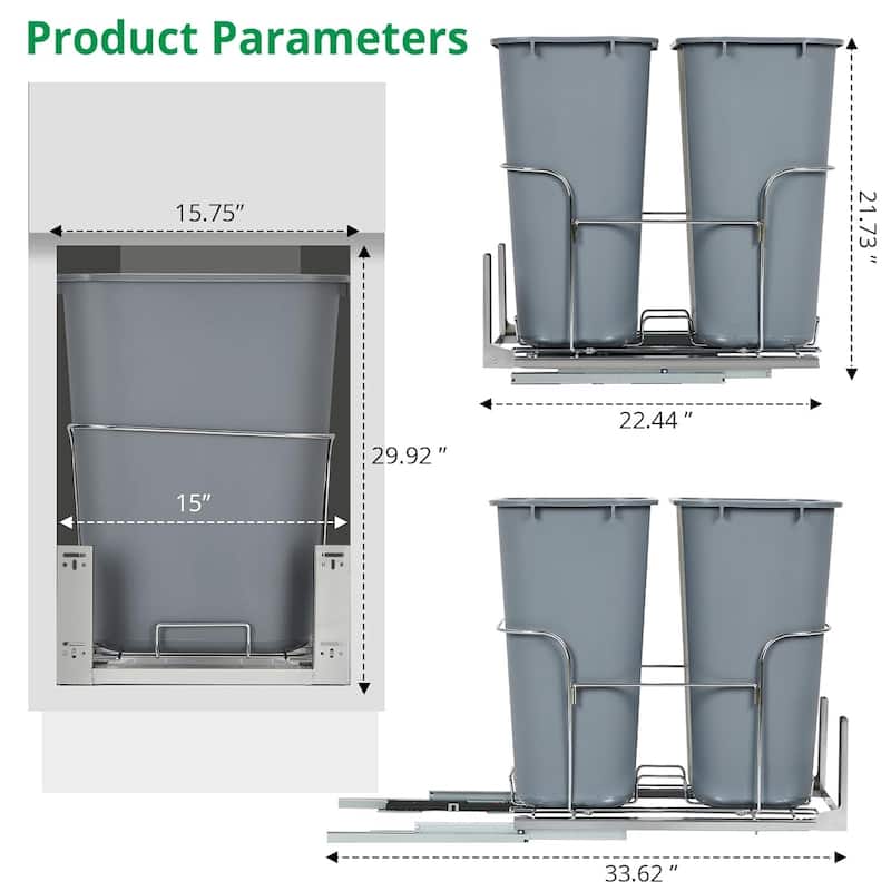 Double Black 2x35QT Pullout Trash Can, Handle Model - Fits Cabinets 16.10x24.8x29.84 inches（Contains two trash cans）