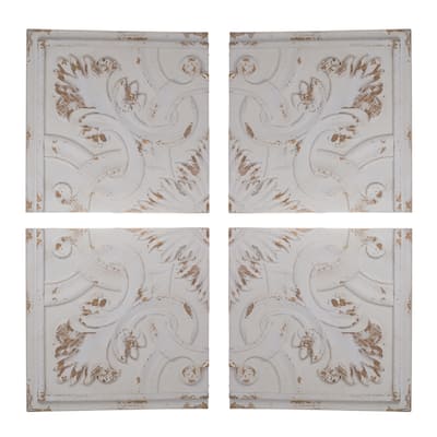 Modern Distressed Wooden Wall Decor Countryside Wall Decor with Medallion Motif White Washed Finish, for Interior Set of 4
