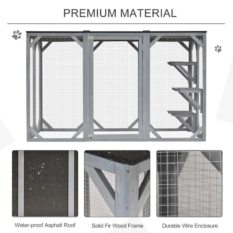 PawHut Wooden Outdoor Cat House Catio Kitten Enclosure Indoor Cage with Asphalt Roof, Multi-Level Platforms and Large Enter Door