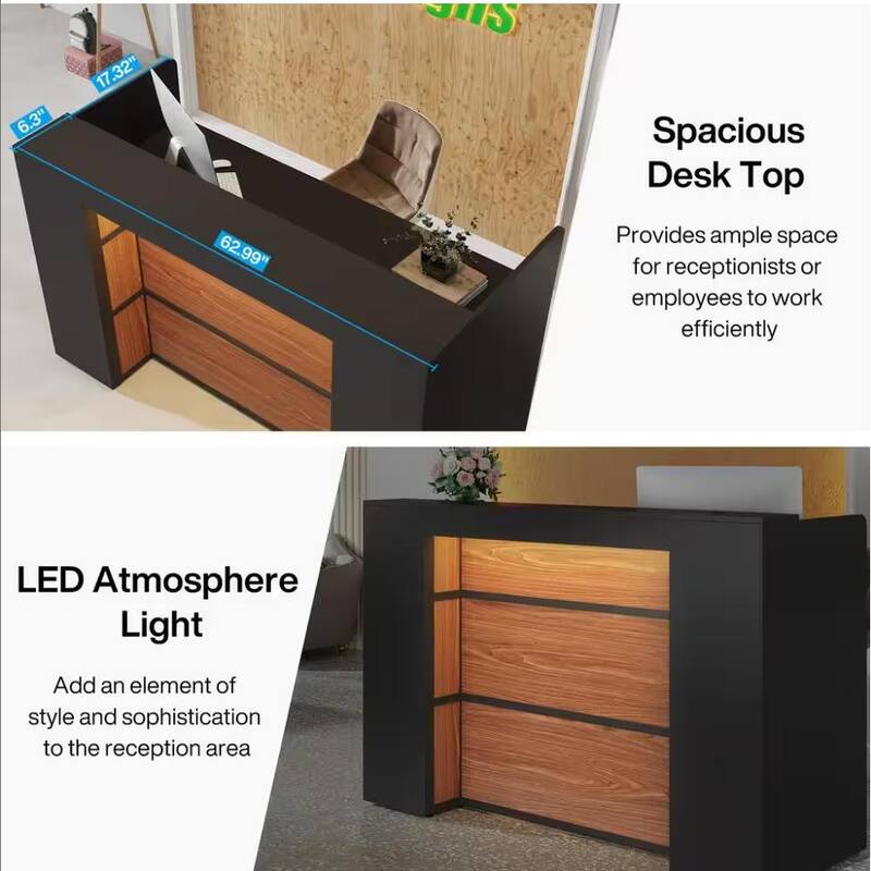 Modern 63" Reception Desk with LED Lights Black & Rustic Brown Finish