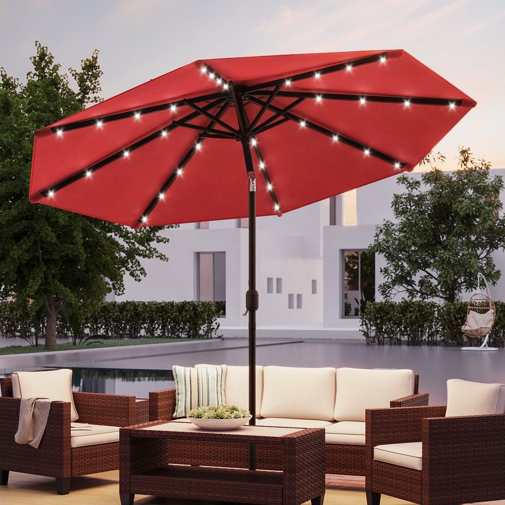 BONOSUKI Patio 10Ft LED Market Umbrellas With Solar Lights, Table Umbrella for Patio and Outdoor With Tilt Button