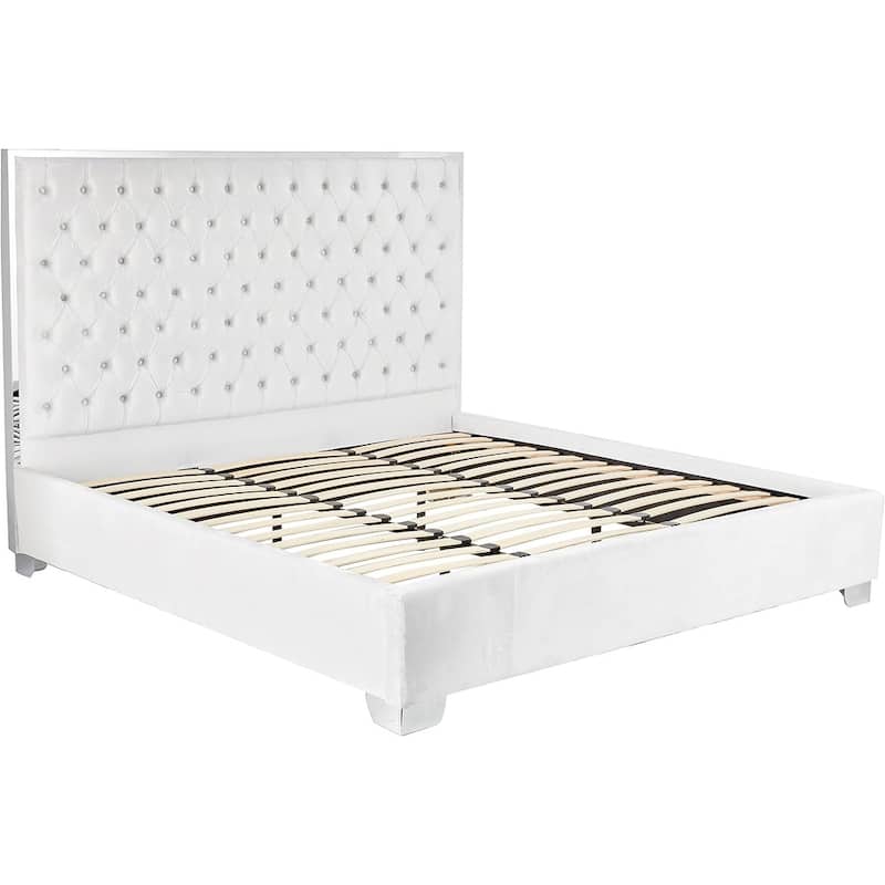 58.5 in.H White Wood Frame King Size Panel Bed with Velvet Upholstery Material and Bed Frame Mounted
