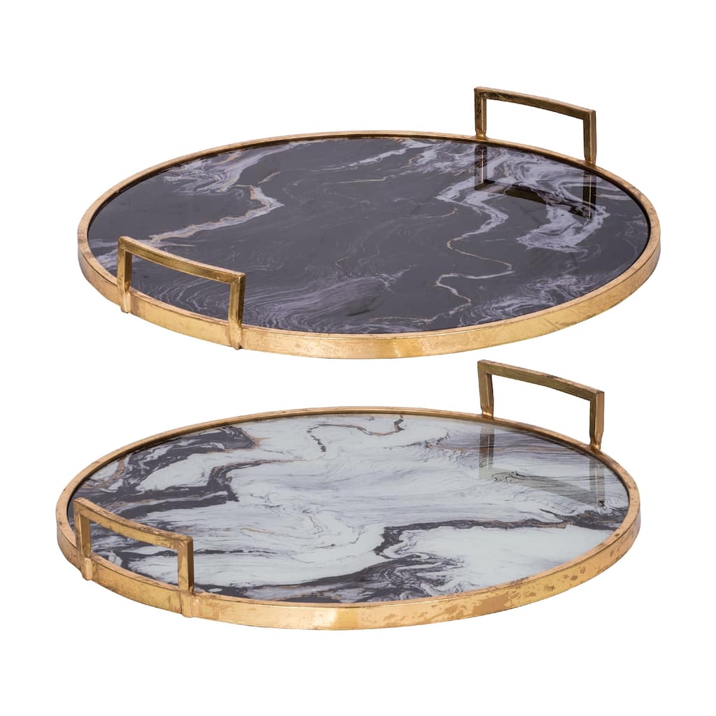 Set of 2 Decorative Trays with Handles, Black White Faux Marble Print, Gold