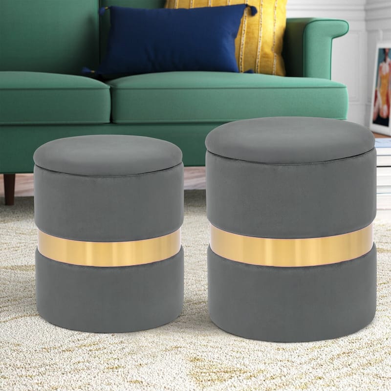 Adeco Set of 2 Velvet Storage Ottoman Round Foot Stool Metal Band