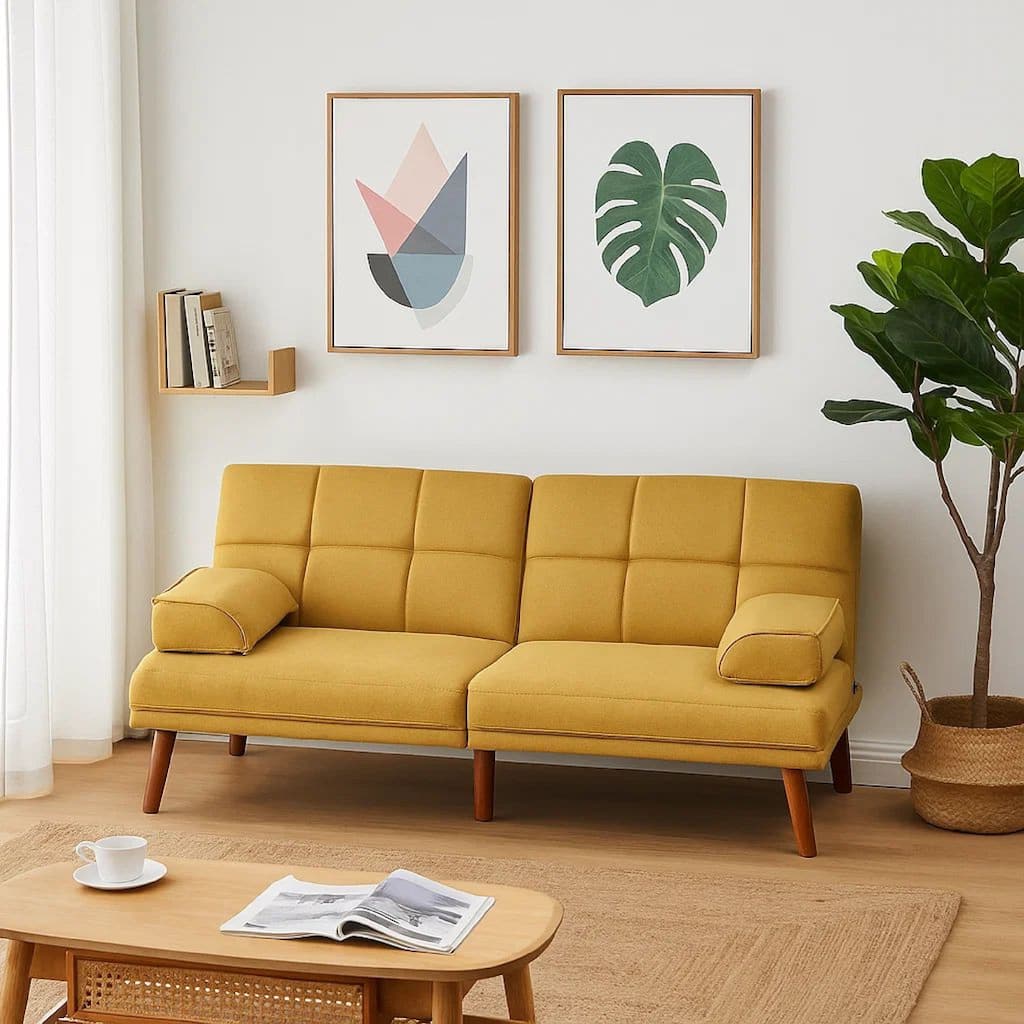 Gina 71 Inch Adjustable Futon Sofa Bed, Tufted, Tapered Legs, Mustard