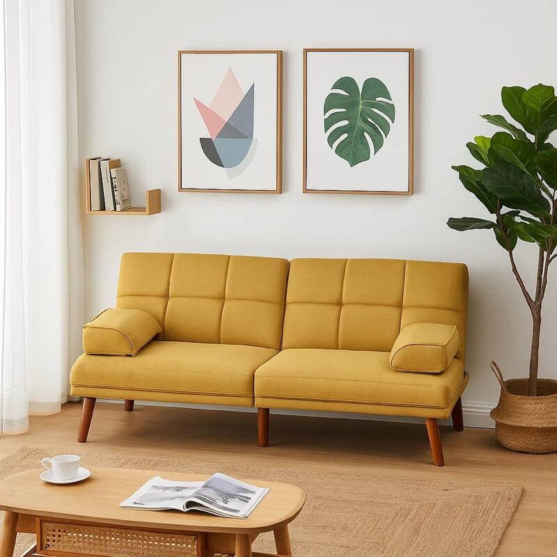 Gina 71 Inch Adjustable Futon Sofa Bed, Tufted, Tapered Legs, Mustard