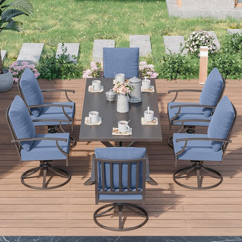 7-Pieces Outdoor Dining Set with X-Leg Table and Swivel Chairs - Navyblue