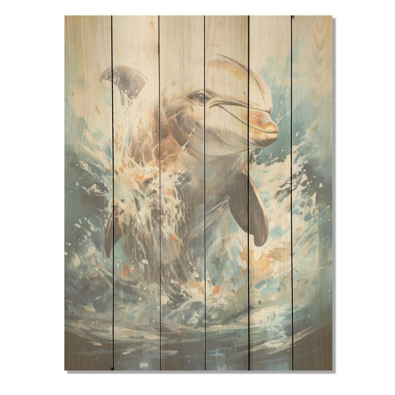 Designart "Dolphin Elegance" Dolphin Wood Wall Decor - Modern Grey Wood Panel On Natural Pine Wood