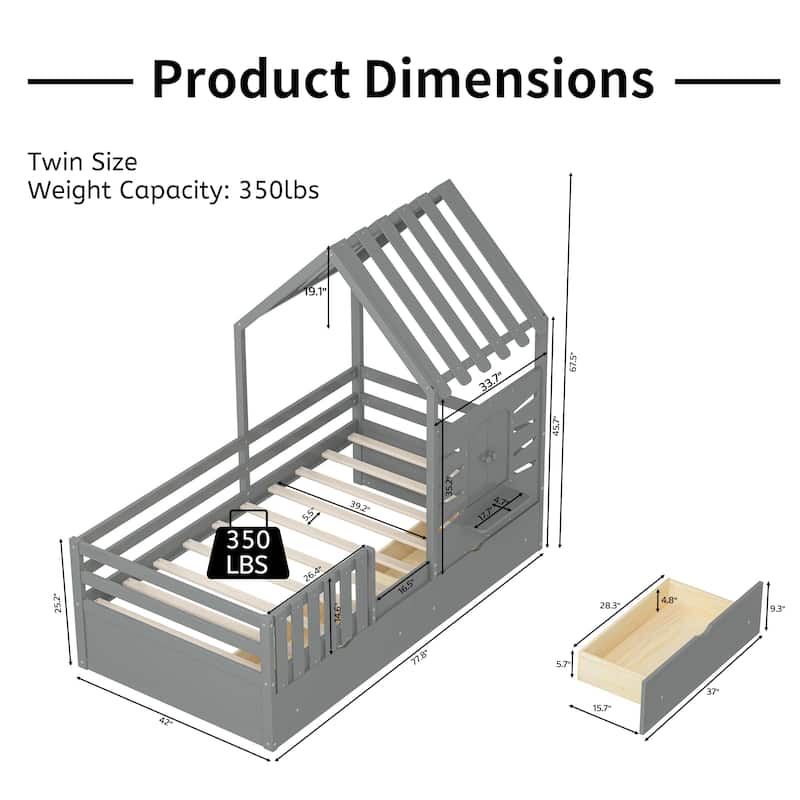 Kids Wooden Twin Bed Frame with Roof, Window Shelf, Guardrails and Storage Drawers, House Design