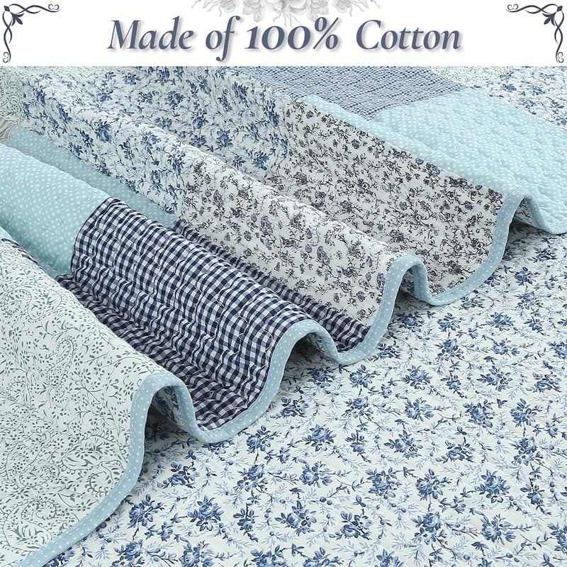 Cozy Line Subtle Blue Checker Cottage Floral Stripe Cotton 3 Piece Patchwork Quilt Bedding Set
