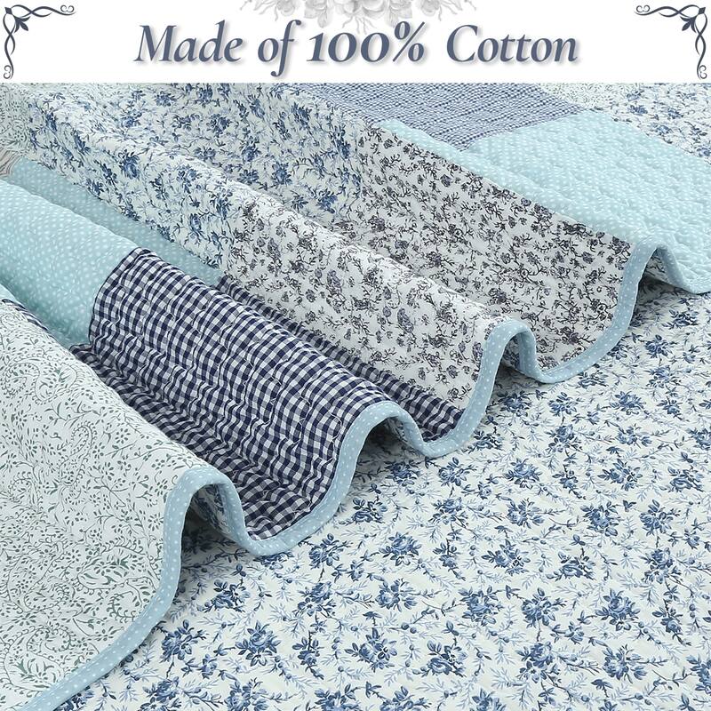 Cozy Line Subtle Blue Checker Cottage Floral Stripe Cotton 3 Piece Patchwork Quilt Bedding Set