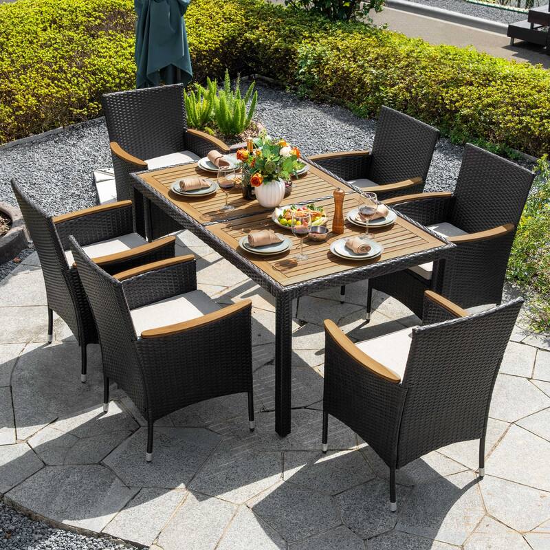 Acacia Wood Wicker Patio Dining Set with Cushions, Black