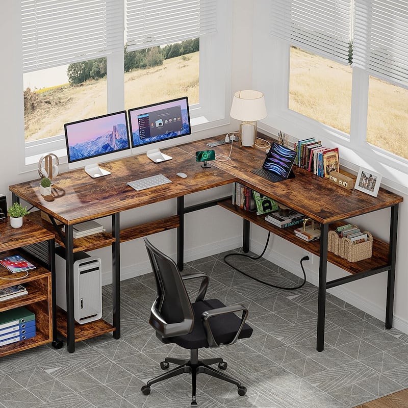 Reversible L Shaped Desk with Storage Shelves, Home Office Corner Desk with Charge Station - Rustic Brown