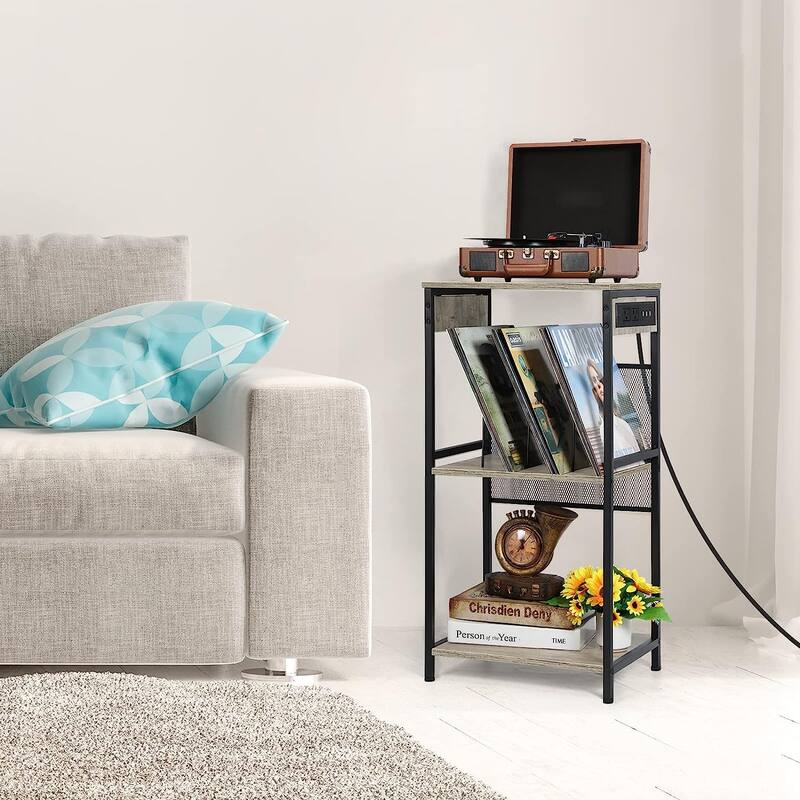 3-Tier Vinyl Record Player Stand with Charging Station