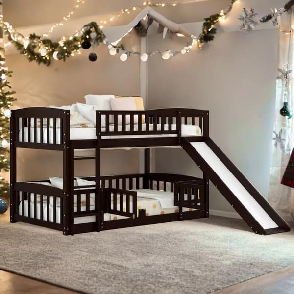 slide 2 of 50, Full Over Full Low Bunk Bed with Fence and Ladder for Toddler Kids Teens,Elegant Children Bed Espresso
