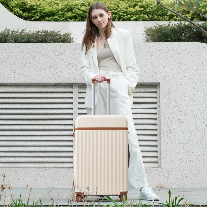 5-Piece Modern Hard-Shell Luggage Expandable Luggage with Spinner Wheels and TSA Lock, for Boarding Travel, Brown+White