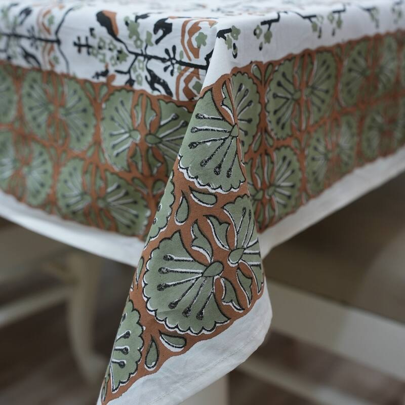 Fabdivine Handmade Block Print Cotton Brown Table Cover or Cloth Dining, Farmhouse & Kitchen Décor - 72"X140" - Nakshatra- Rust, Green, Black
