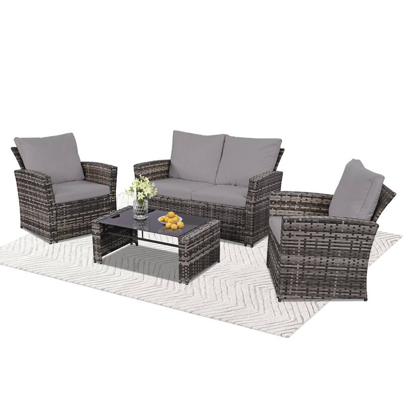 4-Piece Wicker Outdoor Sofa Set, 1 Loveseats, 2 Single Sofas, 1 Table