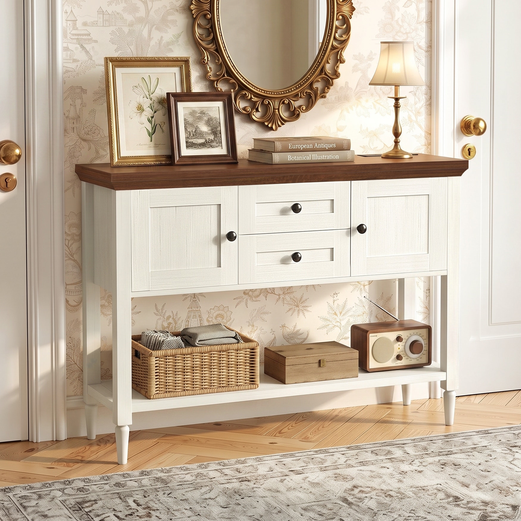 Farmhouse Entryway Console Table with Charging Station, Sofa Behind Couch Table with Wood Drawers and Cabinet Door