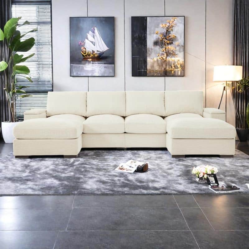 122" Corduroy U-Shaped Sectional Sofa with 2 Ottomans, Deep Seating and Arm Storage - Convertible 4-Seat Sleeper Sofa