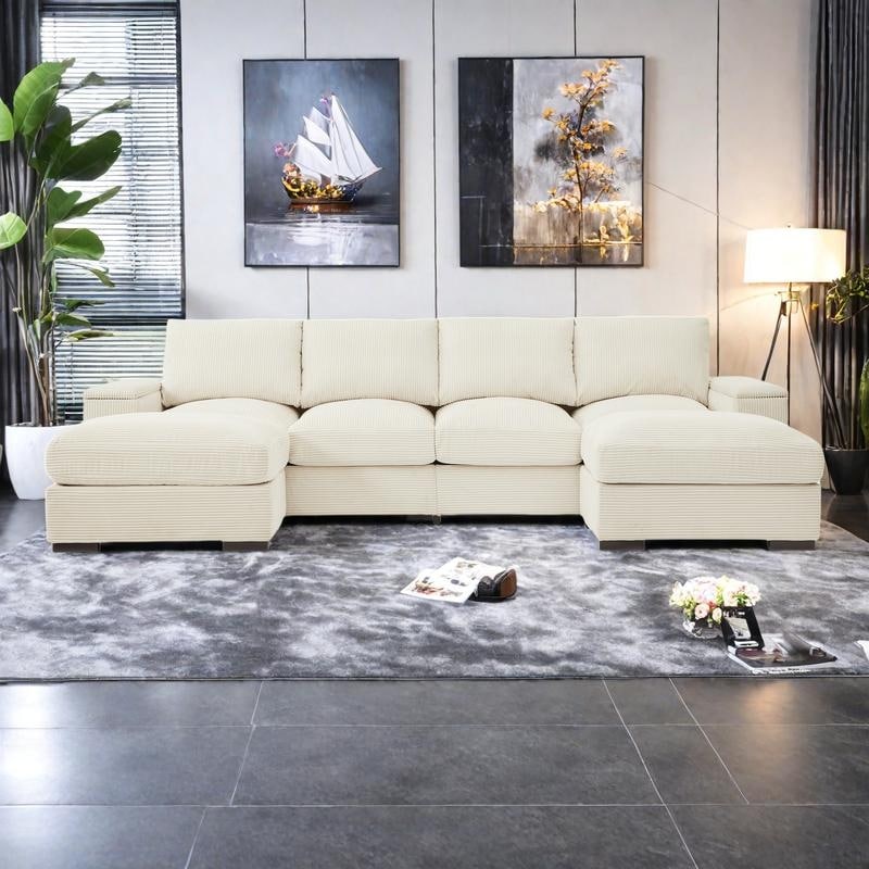 122" Corduroy U-Shaped Sectional Sofa with 2 Ottomans, Deep Seating and Arm Storage - Convertible 4-Seat Sleeper Sofa