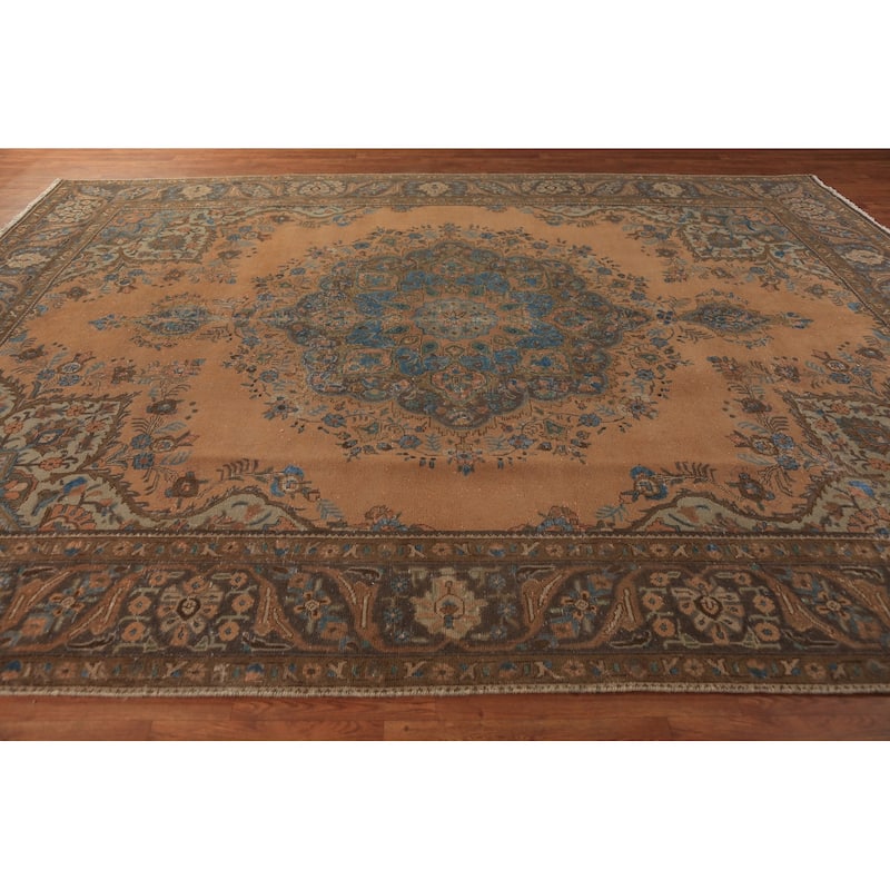 Orange Medallion Tabriz Persian Area Rug Hand-Knotted Wool Carpet - 9'7"x 12'10"