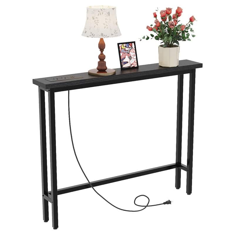 VINGLI 1-Piece Melamine + Iron Hall Table with Power Strip - Black