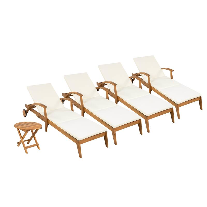 Wood Outdoor Chaise Lounge Set with Wheels, Adjustable Backrest, Foldable Side Table and Cushions for Poolside Balcony
