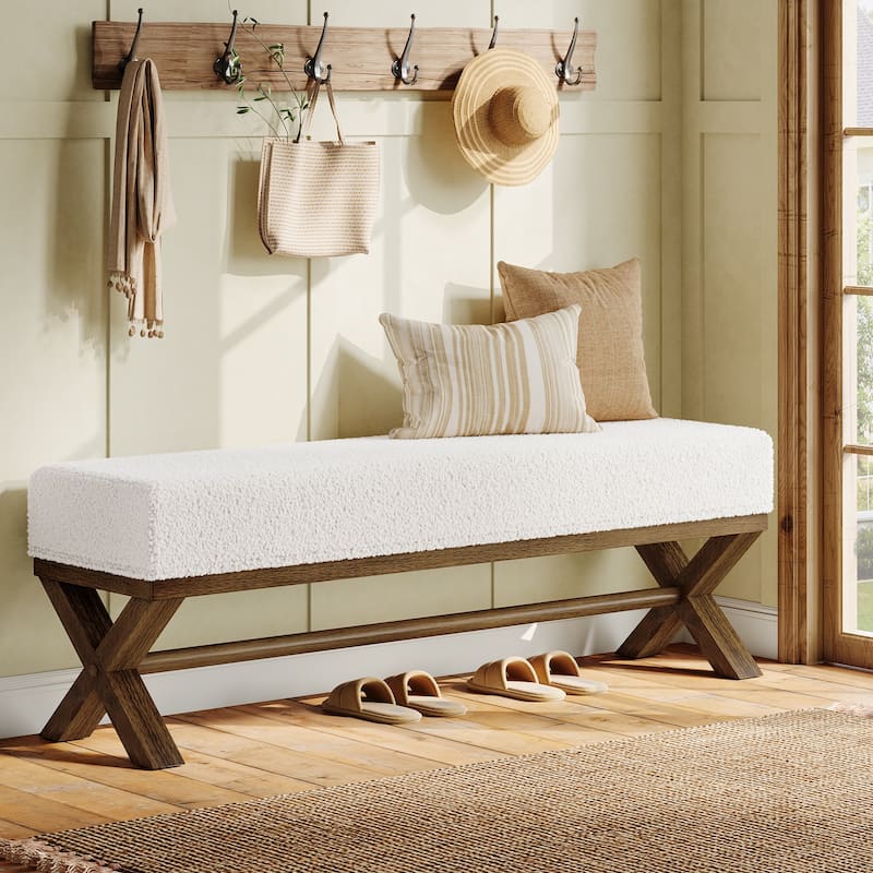 51.18-Inch Entryway Bench, Upholstered Solid Wood End of Bed Bench - White&Brown