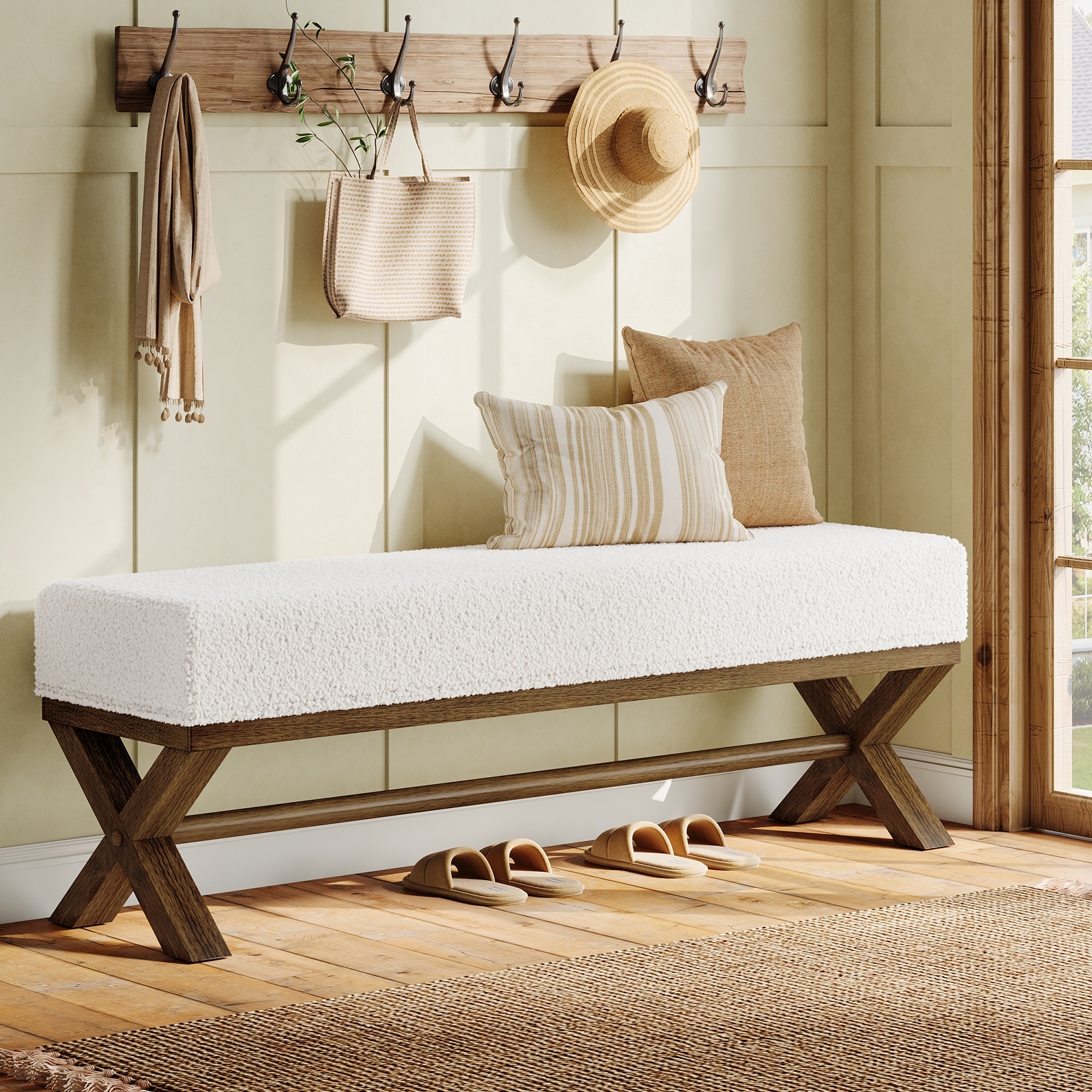 Upholstered Entryway Bench, 51.18-Inch Solid Wood End of Bed Bench