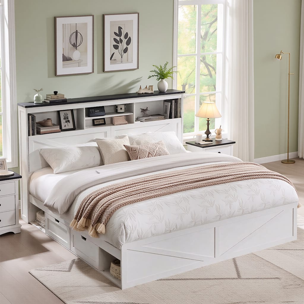 Farmhouse Full Size Wood Bed Frame with Storage Headboard and Drawers