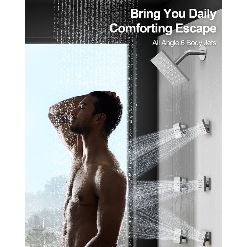 GRANDJOY Shower System 16 inch Rainfall Ceiling and 6 inch Wall Mount Dual Shower Head Handheld Spray Slide Bar Thermostatic