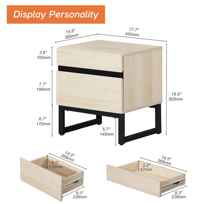 WAMPAT Modern Nightstand with 2 Drawers, Farmhouse BedsideTable with Black Square Iron Leg, Wood Rustic Side End Table