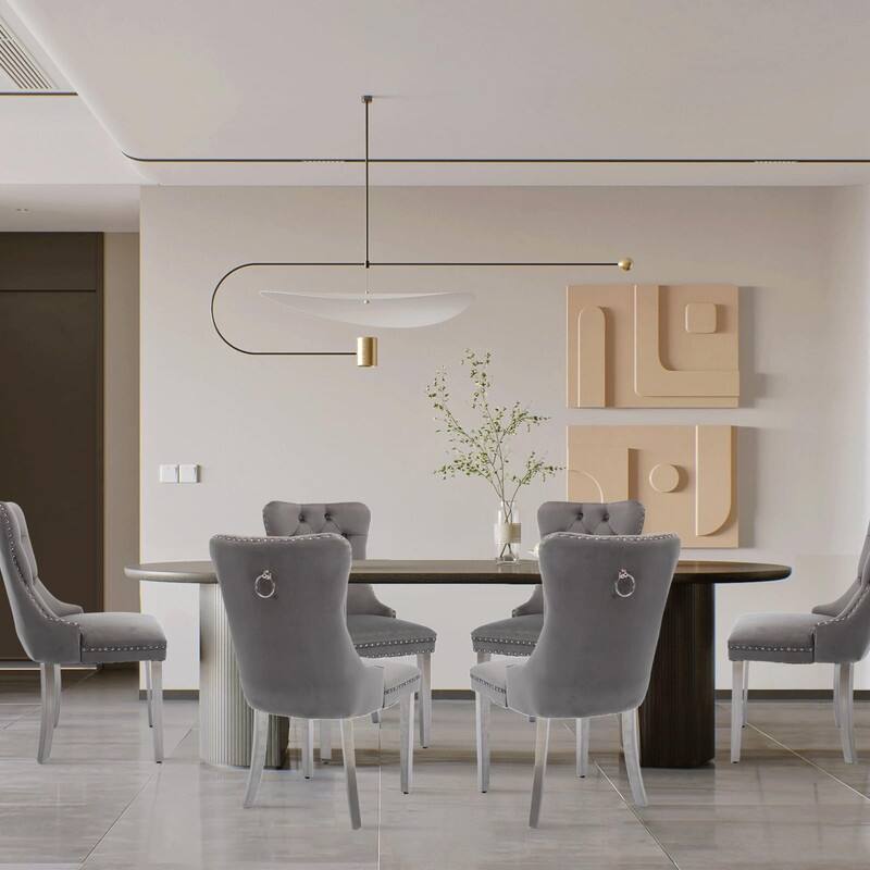 Tufted Naliheads Solid Wood Upholstered Dining Chairs Set of 6 - Grey SliverLegs