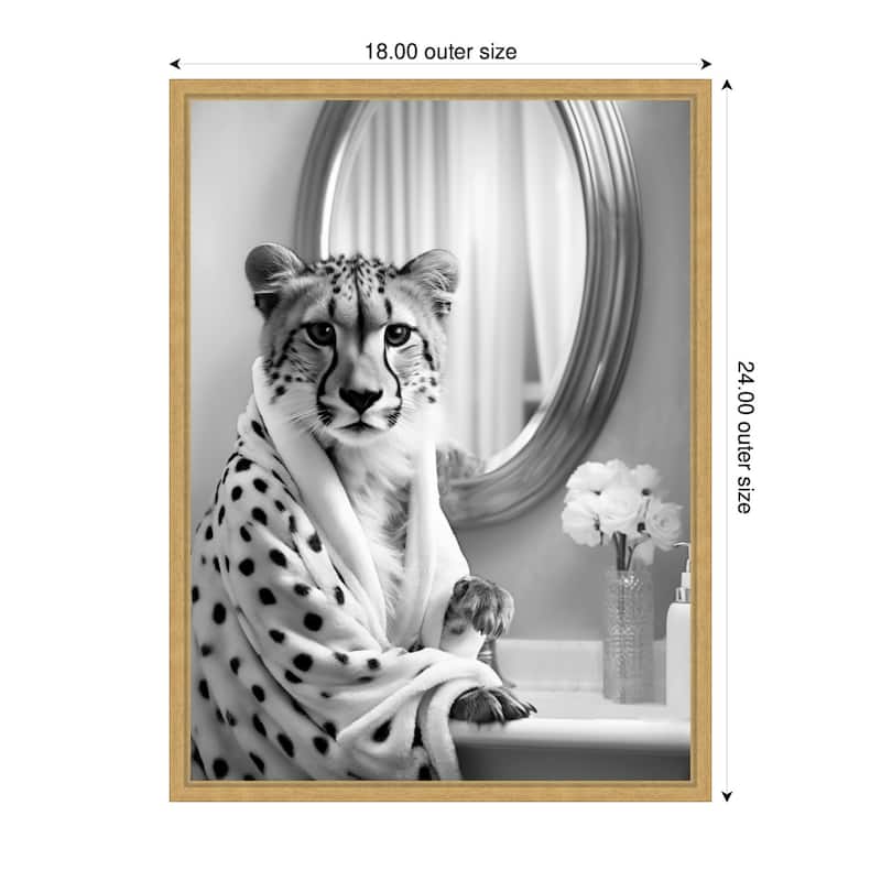 Kate and Laurel Sylvie Cheetah Glam Bathroom Towel Robe Black and White Framed Canvas by The Creative Bunch Studio