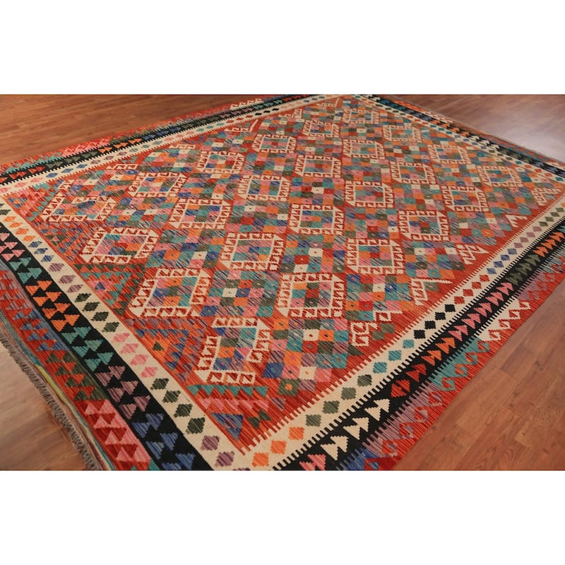 Orange Geometric Kilim Oriental Area Rug Wool Carpet - 8'5"x 11'4"