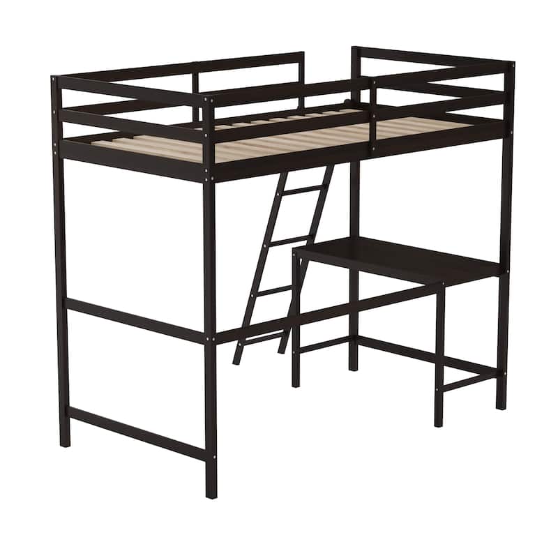 Traditional Wood Slat Loft Bed with Integrated Desk & Ladder