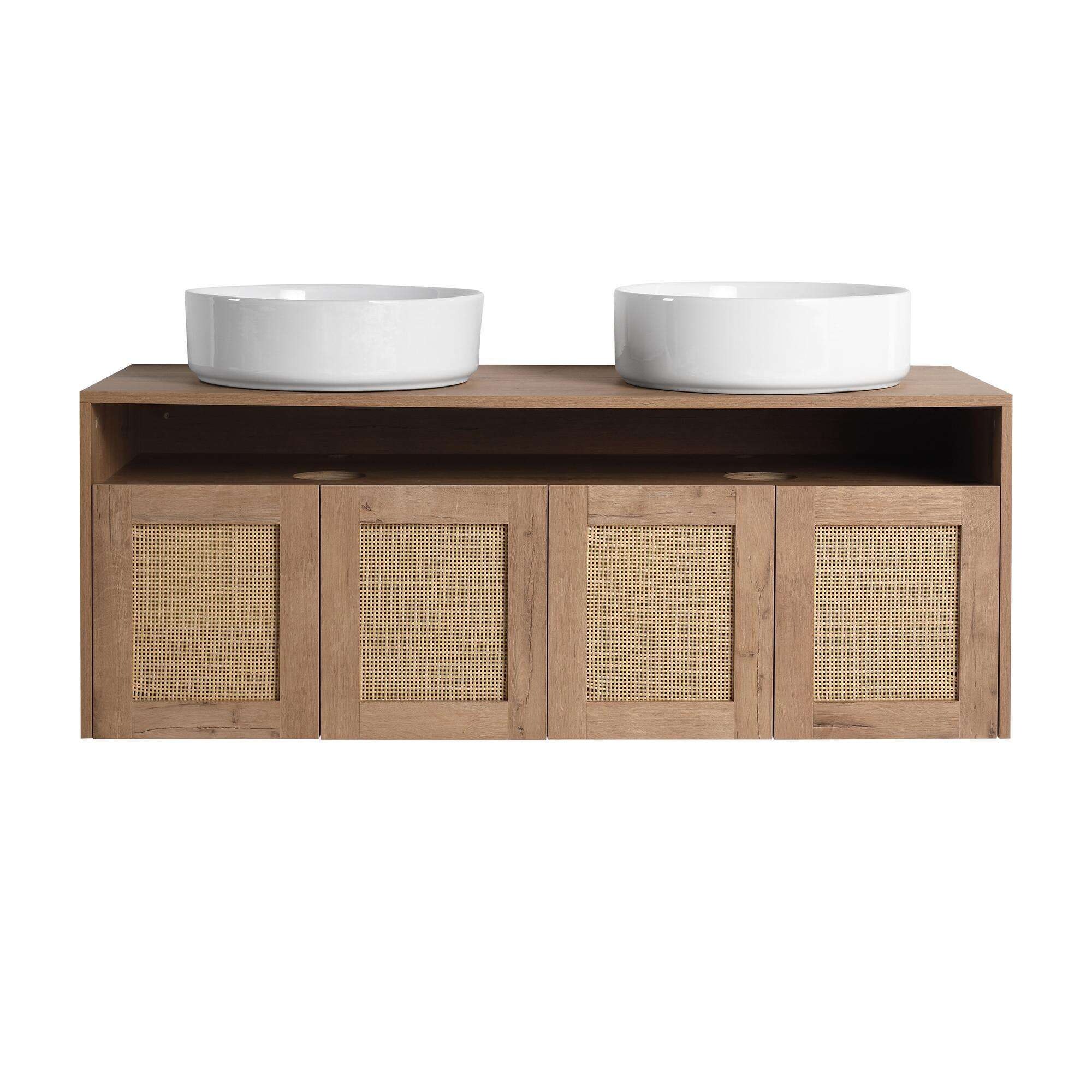 Wall-mounted bathroom vanity with ceramic art sink, floating design