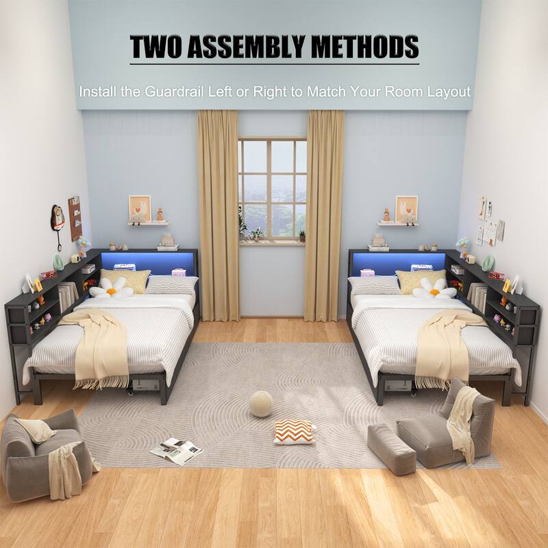 Corner Daybed Kids Platform Bed Frame with Storage Bookcase, Underbed Drawers, Charging Station and LED Lights