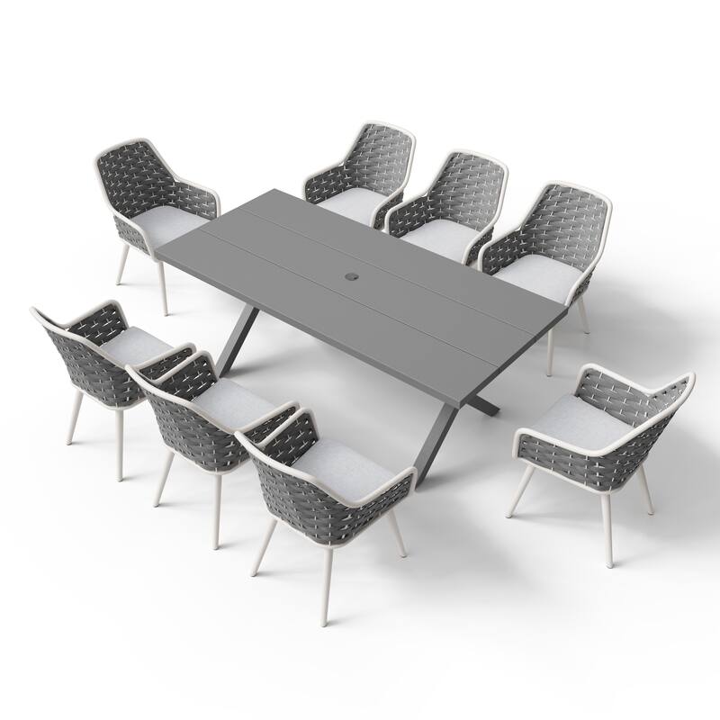 Outdoor Patio Dining Sets with Handwoven Rope Chairs and X-leg Aluminum Dining Table for 8 Persons