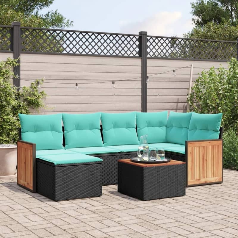 vidaXL 6 Piece Patio Sofa Set with Cushions Black Poly Rattan - 21.7x27.2x24.4-With table