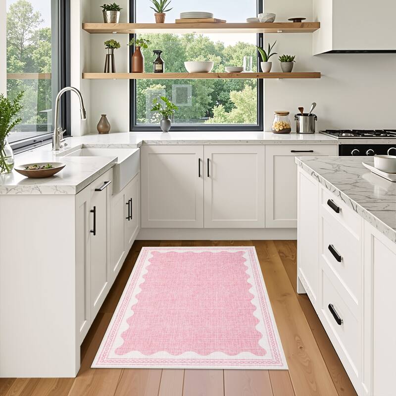 Scalloped Pattern Rugs for Living Room Bedroom Soft Non Slip Low Pile Throw Carpet Washable Foldable Area Rug