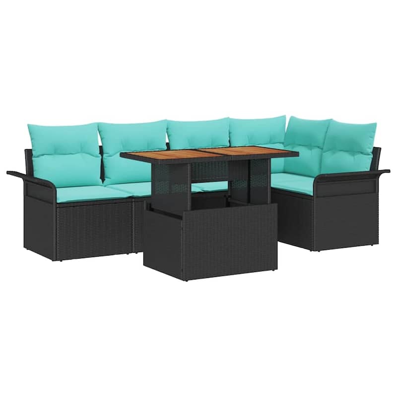 vidaXL 6 Piece Garden Sofa Set with Cushions Black Poly Rattan - 95.55×52.2×27.2