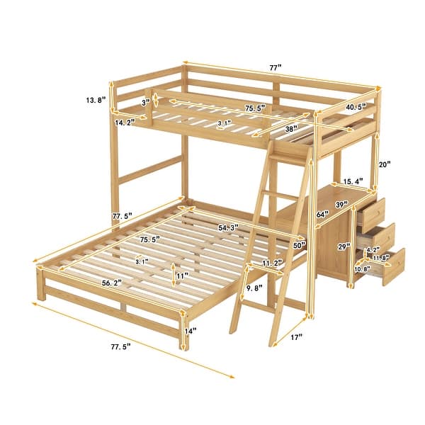 dimension image slide 1 of 3, Twin over Full Wood Bunk Bed with Built-in Desk and Three Drawers - Space-Saving & Fun Design
