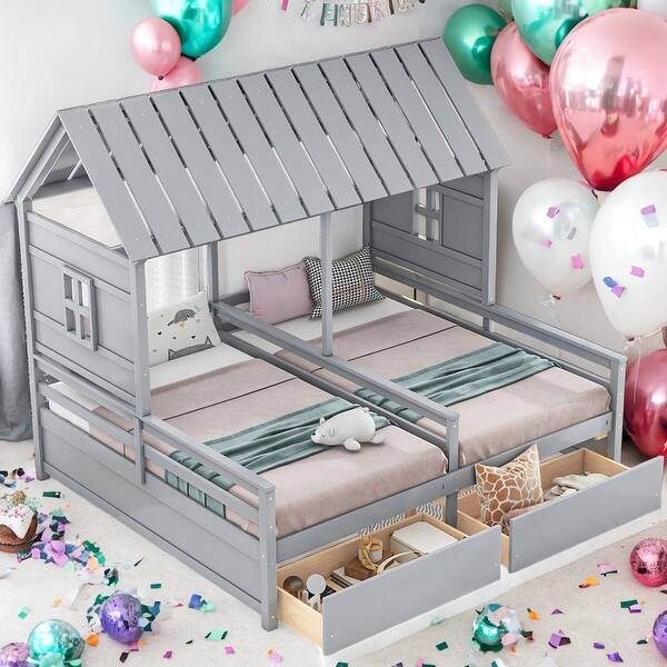 slide 2 of 13, 2 Side by Side Twin Size Platform Beds with Two Drawers for Home Grey