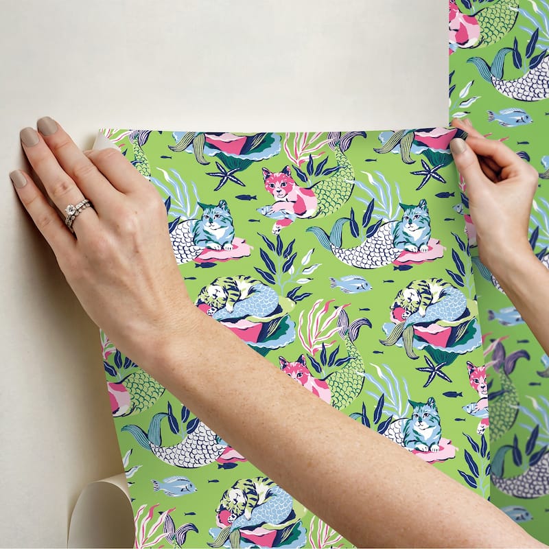 PrintFresh Meowing Mermaids Lime Green Peel and Stick Wallpaper
