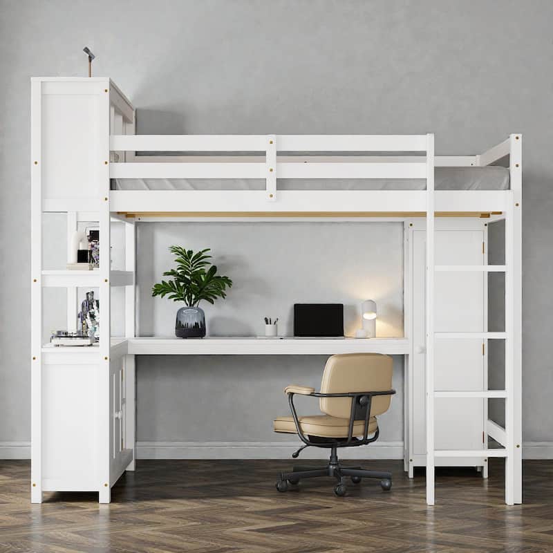 Queen Wood Loft Bed with Wardrobe, Desk & Bookshelf, Space-Saving Loft Bed with Storage Cabinet and Ladder for Kids & Teens